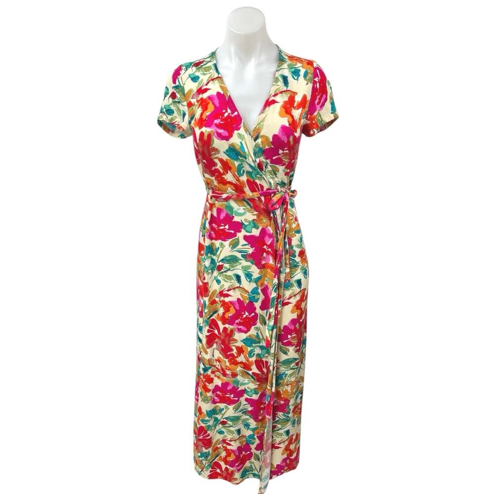 Vici Women's Pink Multicolor Floral Short Sleeve V Neck Maxi Wrap Dress Size S